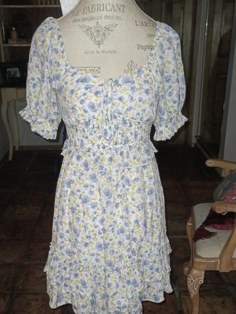 Smocked Floral Midi Dress in Blue and Yellow
